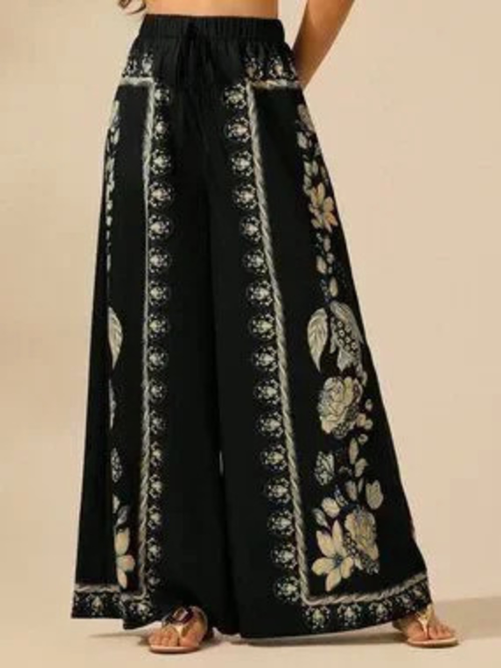 ZARA Black Boho Women's Tropical Plant Print Palazzo Pants